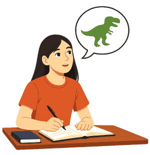 Child asking questions about dinosaurs while writing